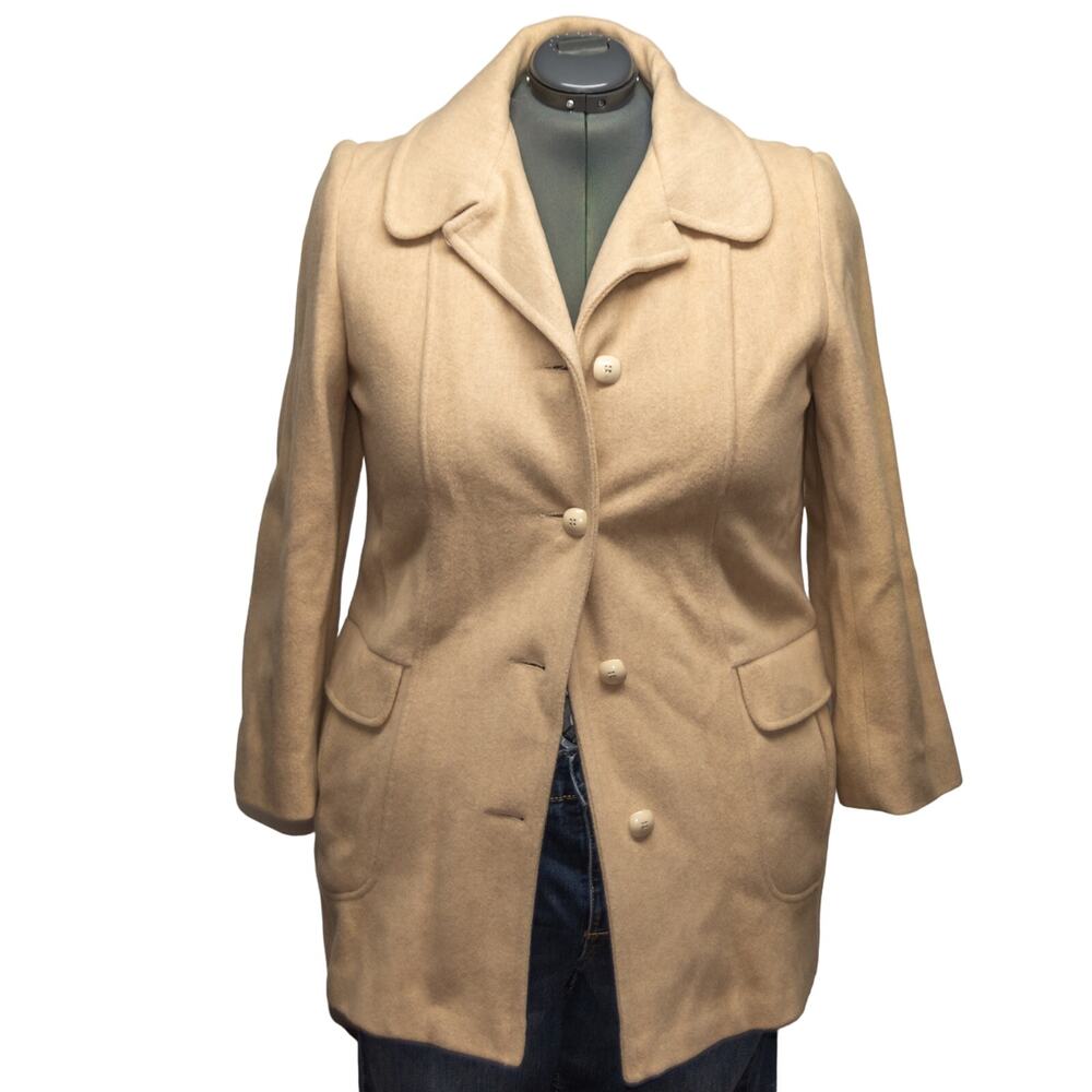 Vintage 100% Wool Car Coat Womens Large Beige Winter Jacket Pea Coat Collared